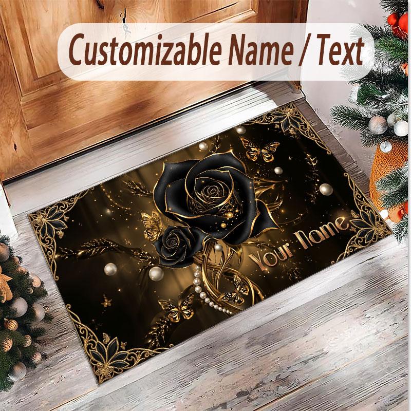 Rose Floral Theme Soft Crystal Velvet Rug Custom Name & Text Print Non Slip Floor Rug for Bedroom Living Room