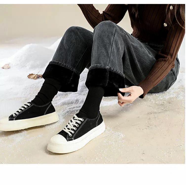 Women's Black & Gray High-Waist Velvet Wide-Leg Jeans - Thick, Warm, and Loose for Autumn & Winter