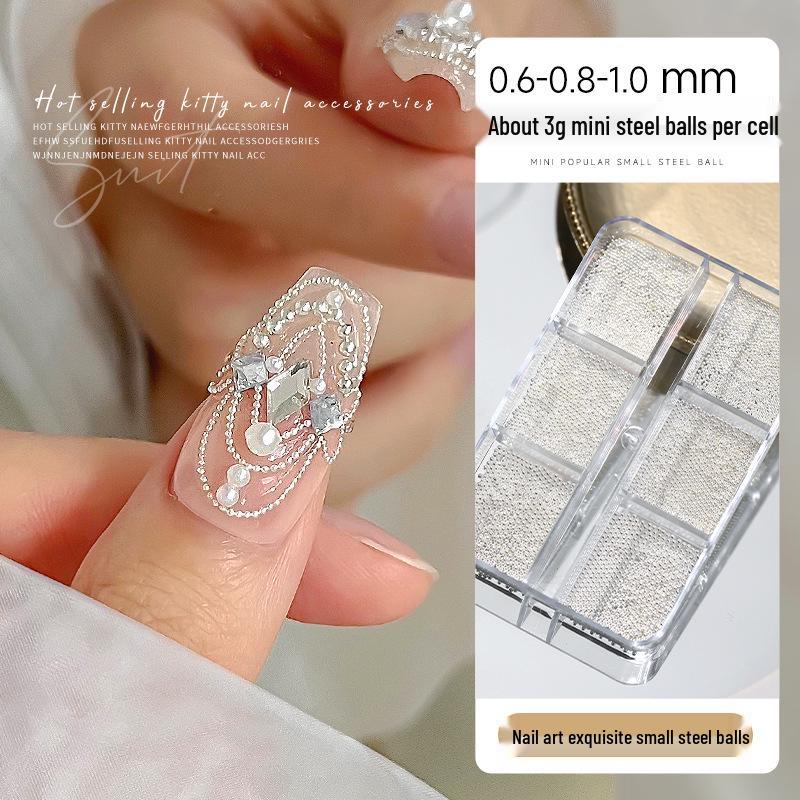 6-Compartment Mini Nail Art Gold & Silver Steel Bead Decor Set