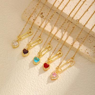 Fashion Stainless Steel Chain Heart Zircon Copper Pin Gold Necklace Ladies Nc-1650