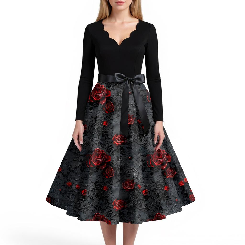 Women's Casual And Fashionable V-neck Long-sleeved Halloween Printed Dress
