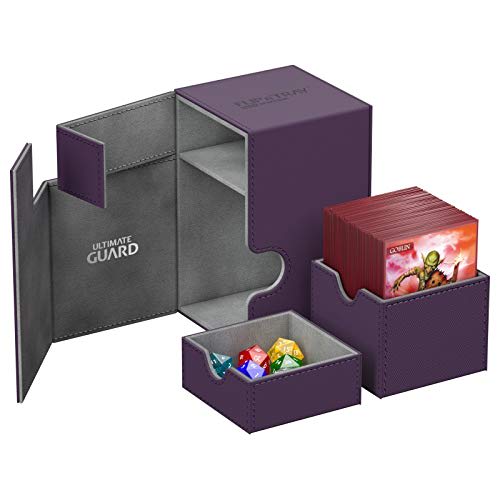 Ultimate Guard Flip 'n' Tray 100+ Deck Case for 100 Double-Sleeved TCG Cards + Dice Tray, Purple/Gray, Magnetic Closure, Microfiber Lining