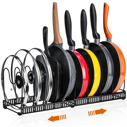 Toplife Extendable Frying Pan Rack, Kitchen Pot Storage Rack with 10 Dividers for Frying Pans, Pots, and Lids (Black)