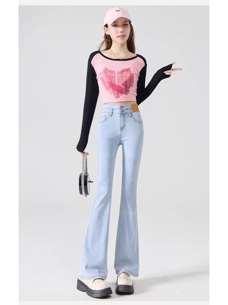 Women's High Waist Slim Fit Light Flare Jeans, Petite Micro Horseshoe Style, New for Spring and Autumn 2024.