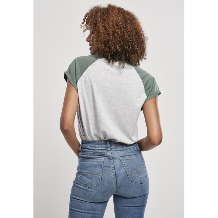 T-shirt femme - Urban Classics - Raglan contrasté - Gris clair/vert - 3XL - Manches courtes