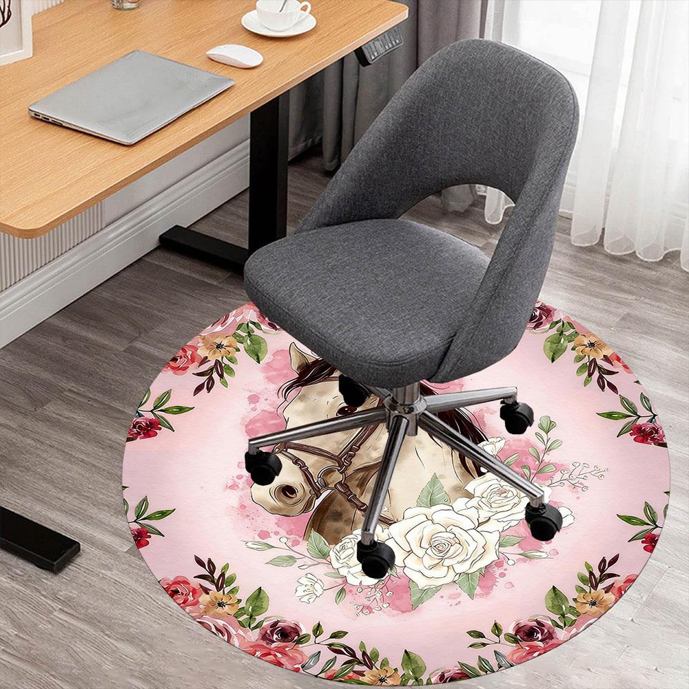 1pc Horse Floral Round Chair mat office Area Rug - Non-Slip, Floor Mat for Office, Bedroom, and Indoor Decor p127230