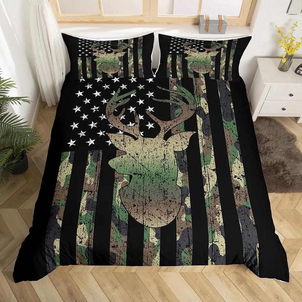 Boys Army Green Duvet Cover Set Full King Size,Classic Camouflage Bedding Set,USA Soldier Silhouette Comforter Cover Quilt Cover