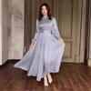 Damen Maxikleid mit langen Ärmeln, Rundhalsausschnitt, Mittlere Taille, Vintage, Elegant, Plissiertes Langes Kleid Mit Gürtel