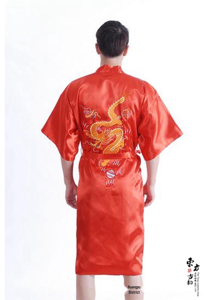 Men's Retro Long Dragon Embroidered Silk Tang Suit Pajama Robe