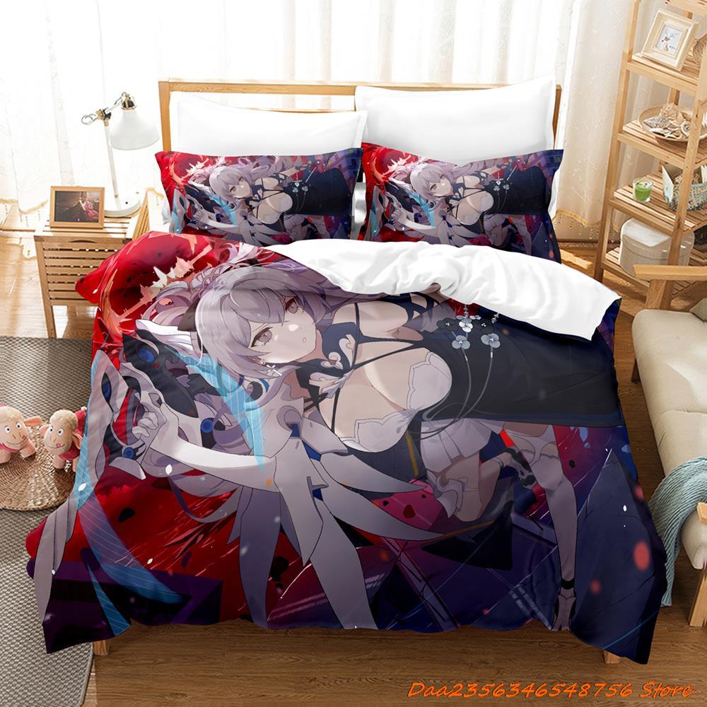 Bettdecke Honkai Impact 3 Bettwäsche-Set Cartoon Anime Dreiteiliges Set Erwachsener Kind Schlafzimmer Bettdecken-Sets 3D Kawaii Mädchen Niedlich Damen Bettwäsche-Set
