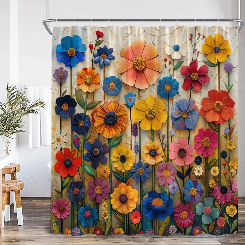 Colorful Boho Floral Shower Curtain Oil Painting Flowers Green Leaf Plant Spring Bathroom Decor Retro Polyester Bathtub Curtain