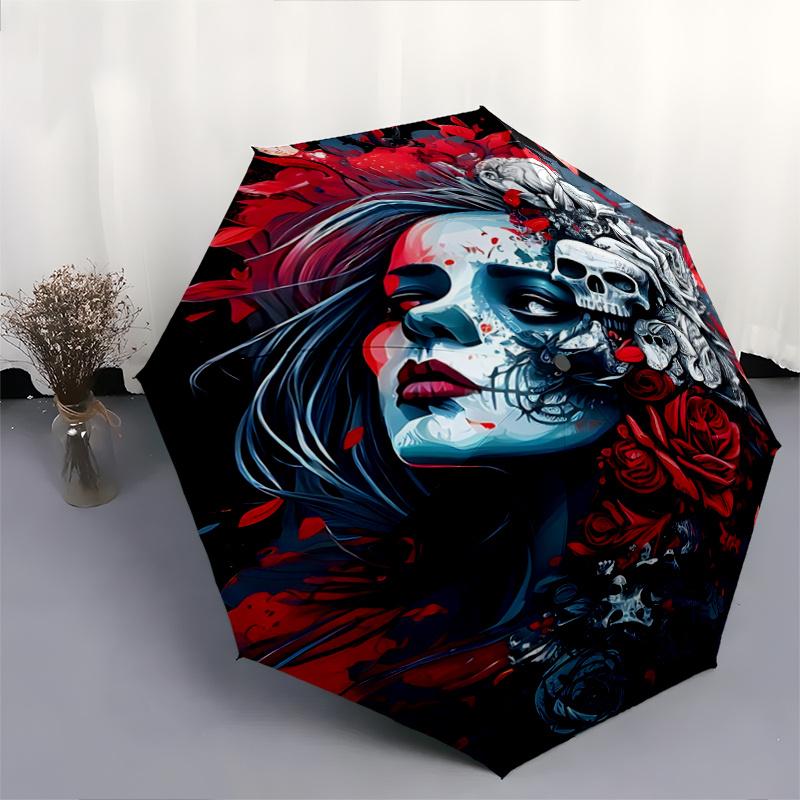 1pc Day of the Dead Fully Automatic Folding Portable Umbrella, 8 Iron Frames, Three-Fold Design, Suitable for All Seasons, Suitable for Outdoor U