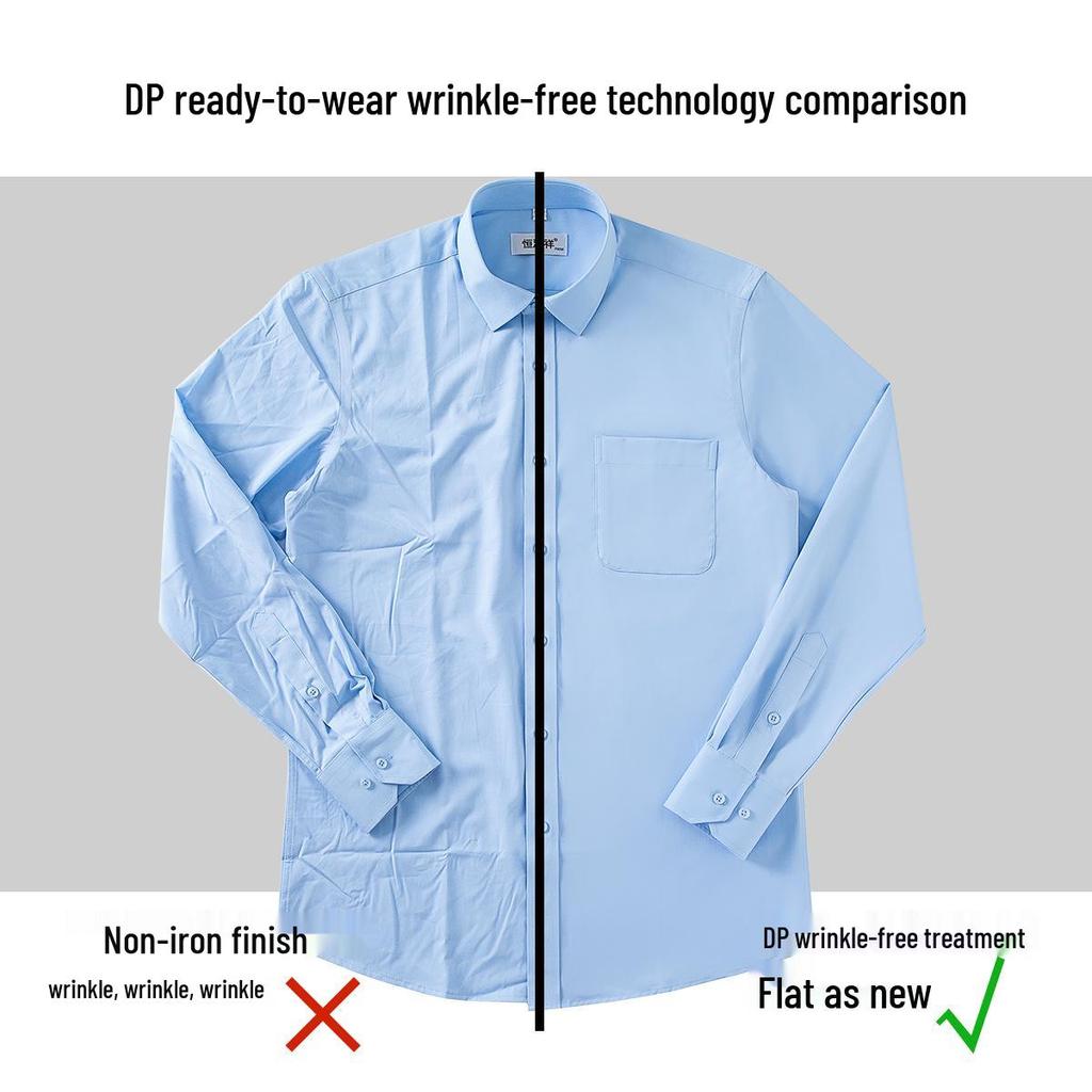 Camisa de Hombre de Algodón Premium a Cuadros Azul Manga Larga Sin Planchado - Primavera Auténtico Business Casual