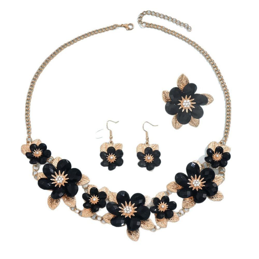 Rhinestone Necklace Earring Ring Set Exquisite Clavicle Chain  Jewelry Accessories