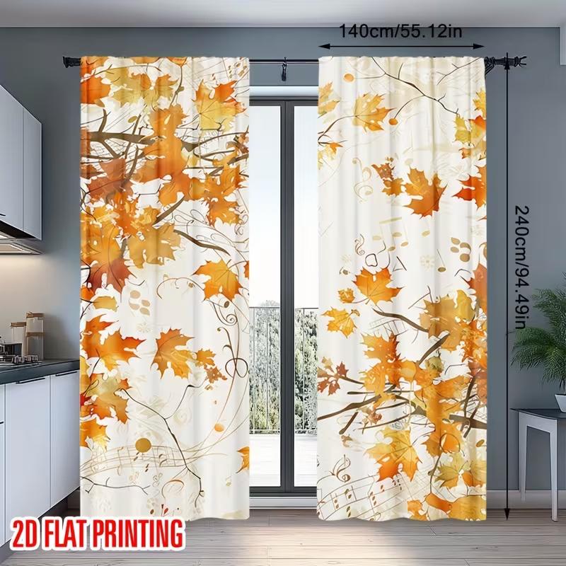 2Pcs Yellow maple leaves print curtains,suitable for bedroom,living room kitchen decoration,home decoration,window decoration