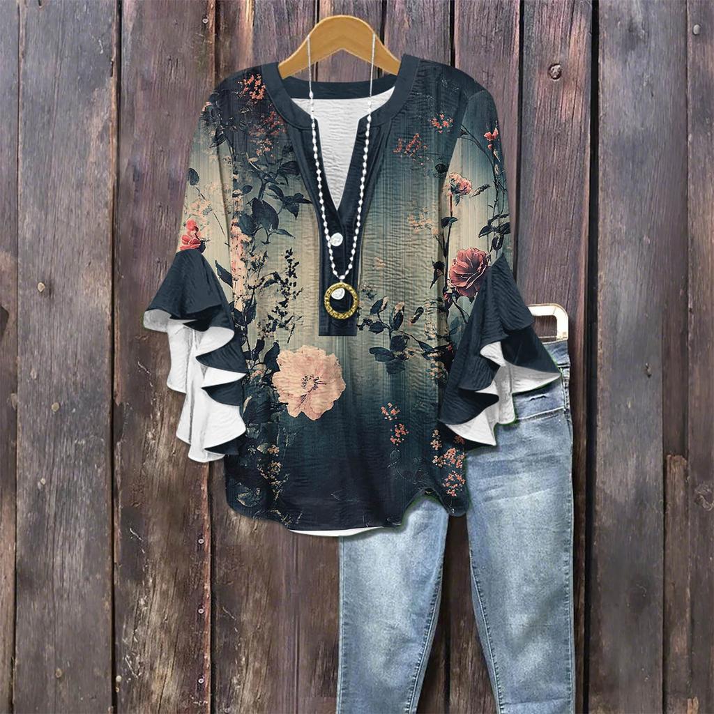 Women's Fashion Casual Button V-Neck Seven Sleeve Vintage Printed Shirt Top