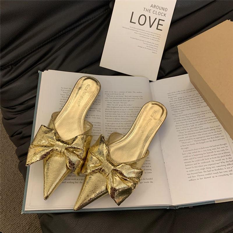 Fashion New Bowtie Mule Shoes Women Fashion Pointed Toe Stripe Wave Slip-on Sandals Ladies Luxury Satin Silk Outdoor Flat Slippers