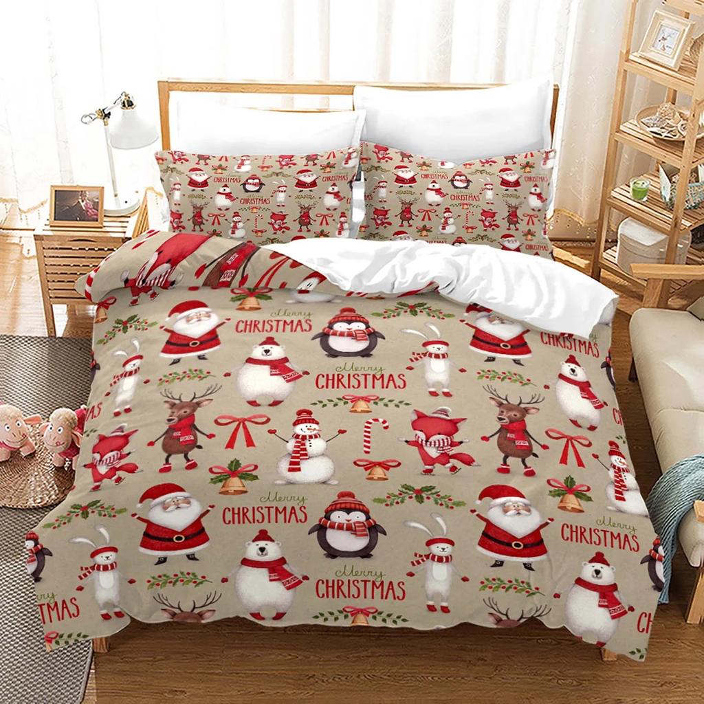Red Christmas Duvet Cover Santa Claus Snowman Bedding Set Microfiber Cartoon Comforter Cover With Pillowcases