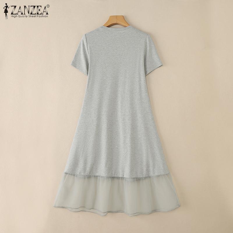 ZANZEA Vestido Casual de Verano para Mujer con Cuello Redondo y Manga Corta Empalmado