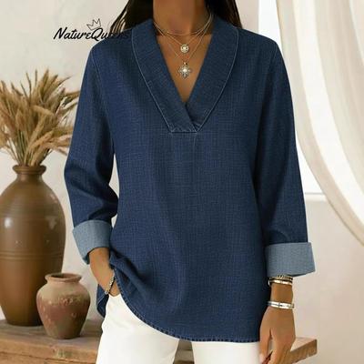 Retro Nine-Sleeve Solid Color Polo Collar Denim-Style Shirt