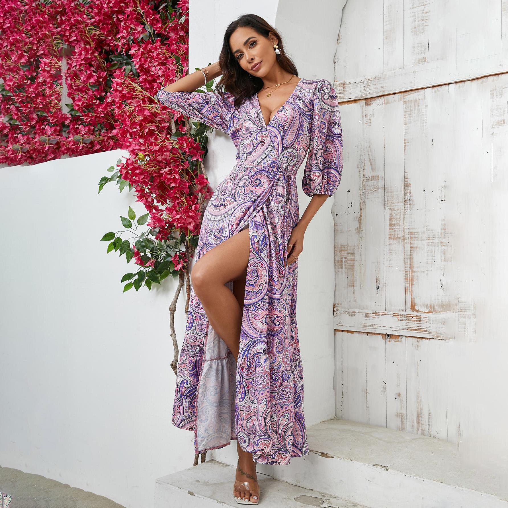 

Женское весеннее короткое платье с рукавами-буфами, цветочным принтом и V-образным вырезом, летнее повседневное платье А-силуэта длиной до щиколотки на бретелях, с высокой талией и разрезом XL фиолетовый