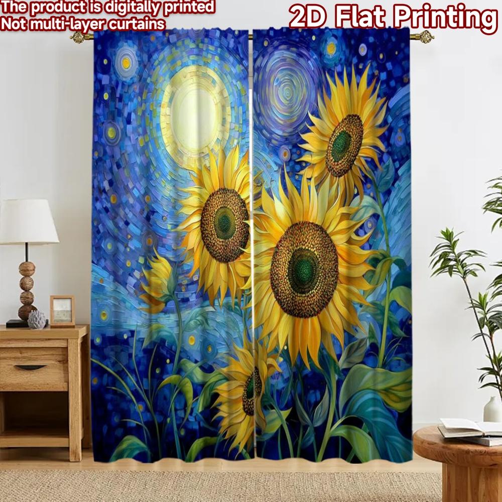 2D Flachdruck 2 Stück Vorhang Partyvorhang Sternennacht Sonnenblumen Digitalbedruckte Polyester Vorhänge Ganzjahres Party & Feiertag