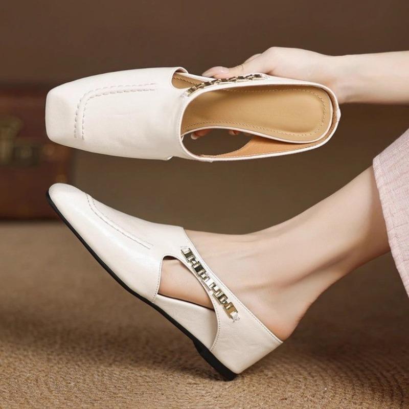 Fashion New Style Fashion Retro Style Baotou Women's Sandals Half Slippers Square Toe Inside Heightening Plus Size Zapatos Mujer