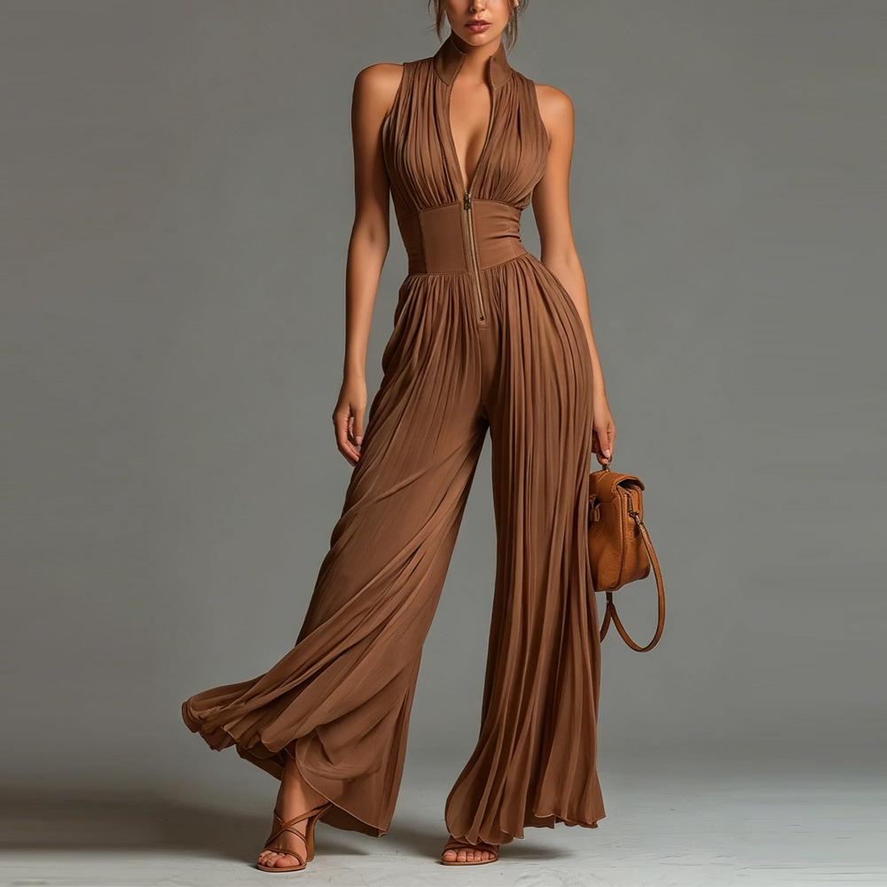2026 Europäischer & Amerikanischer Stil Sexy Falten-Neckholder-Jumpsuit mit Weißen Weitbeinigen Hosen