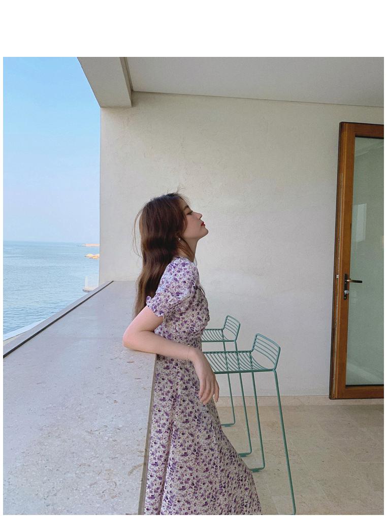 2025 French Retro Puff Sleeve Floral Chiffon Dress in Light Purple for Spring, Summer, and Autumn