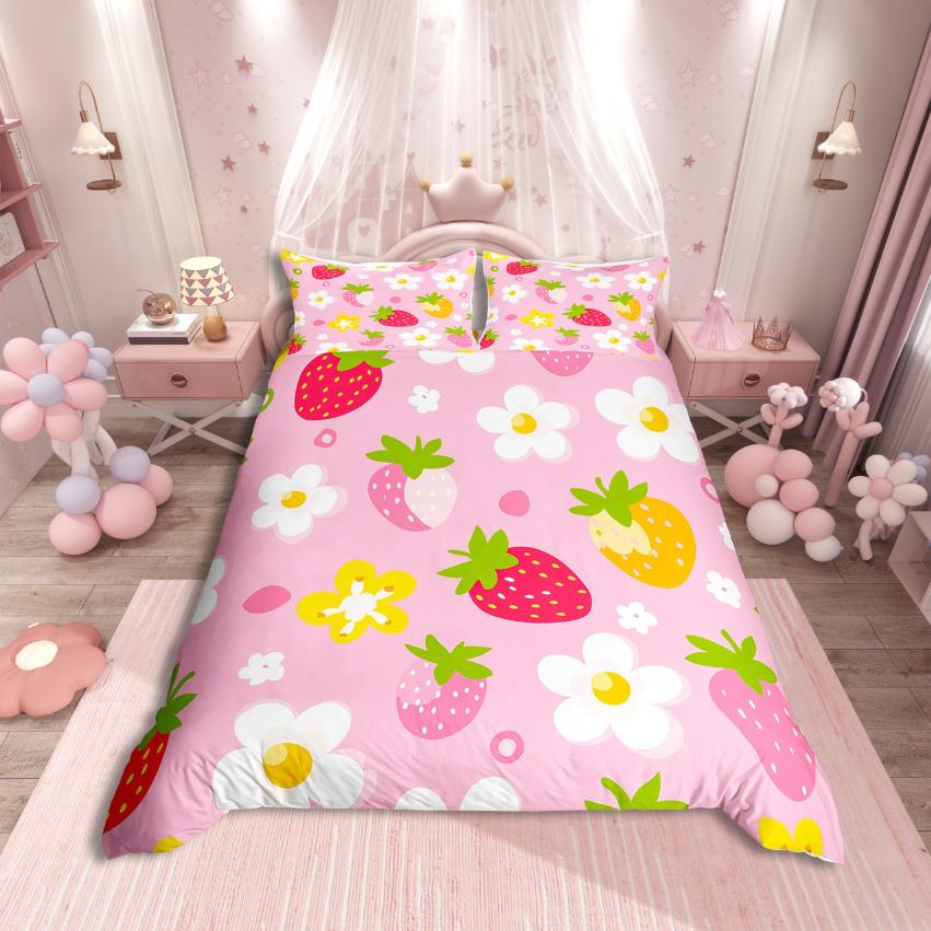 Homewish Cartoon Strawberry Duvet Cover SetGroovy Flower Daisy For Kids Bedding SetFloral Fruit Decor