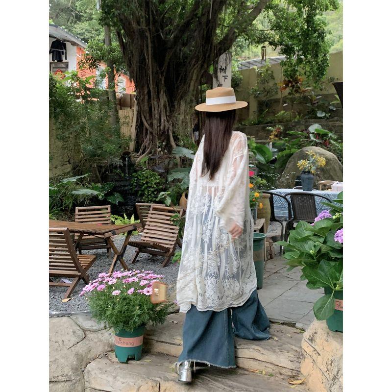 Kumikumi Stylish Heavy Industry Crochet Embroidery Long Sleeves Shirt Cardigan Women Fall Thin and All-Matching Sun Protection Top