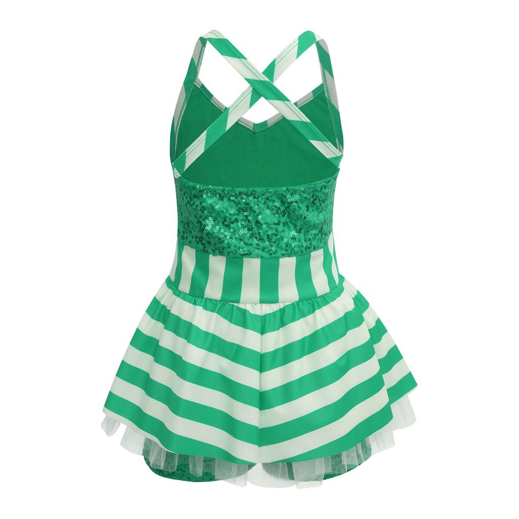 Mädchen Weihnachten Jumpsuit Überkreuzte Schulterträger Ärmellos Pailletten Gestreiftes Tanz-Unitard Gymnastik-Aufführungsbody