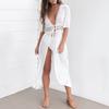 Long Lady Up Cardigan Solid ColorBikini Cover Hollow Beachwear