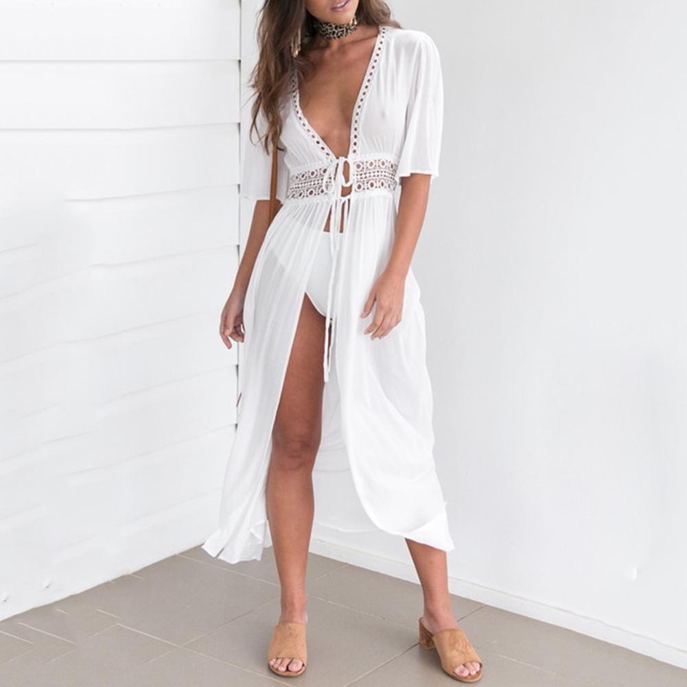 Long Lady Up Cardigan Solid ColorBikini Cover Hollow Beachwear