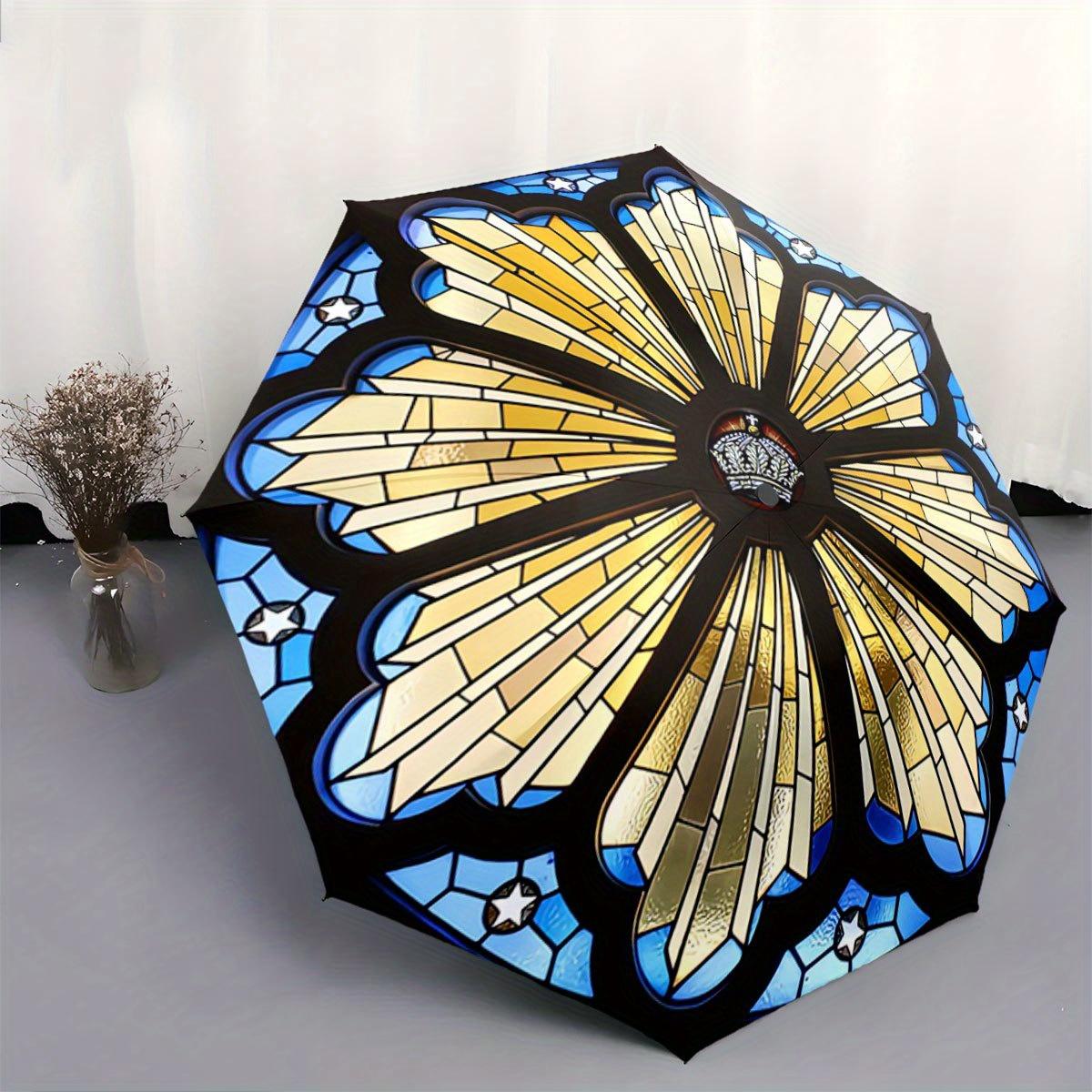 

Stained Glass Pattern Automatic Folding Umbrella - 8-Rib Portable Collapsible Design, Vibrant Blue & Golden Floral Design, Lig (as the picture,Iron&8K)