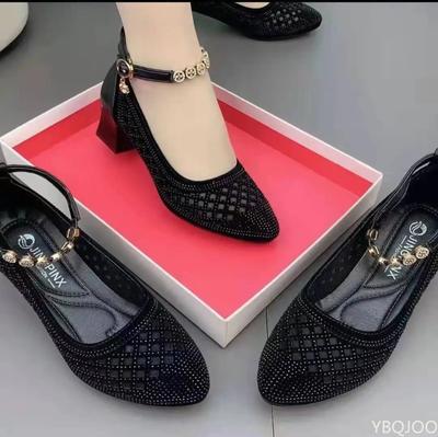 Women's 2024 Rhinestone Single Pumps Shoes Ladies Elegant Mesh Hollow Breathable Soft Sole Thick Medium Heel Sandals Loafers