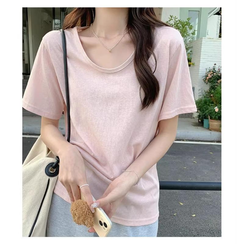 

women u-neck cotton blend t-shirt short sleeve casual loose fit basic solid color top S розовый