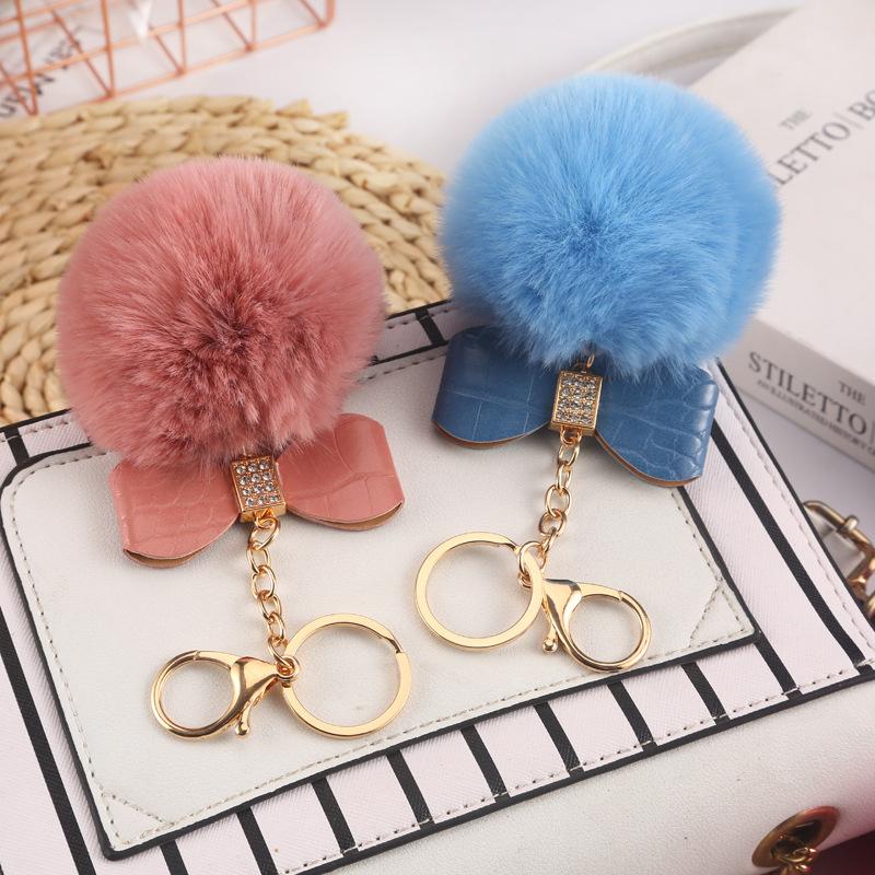 Faux Fur Pom Pom Keychain Women Girls Plush Ball Bag Backpack Pendant Creative Rhinestone Pu Leather Bow Car Keyring GiftS