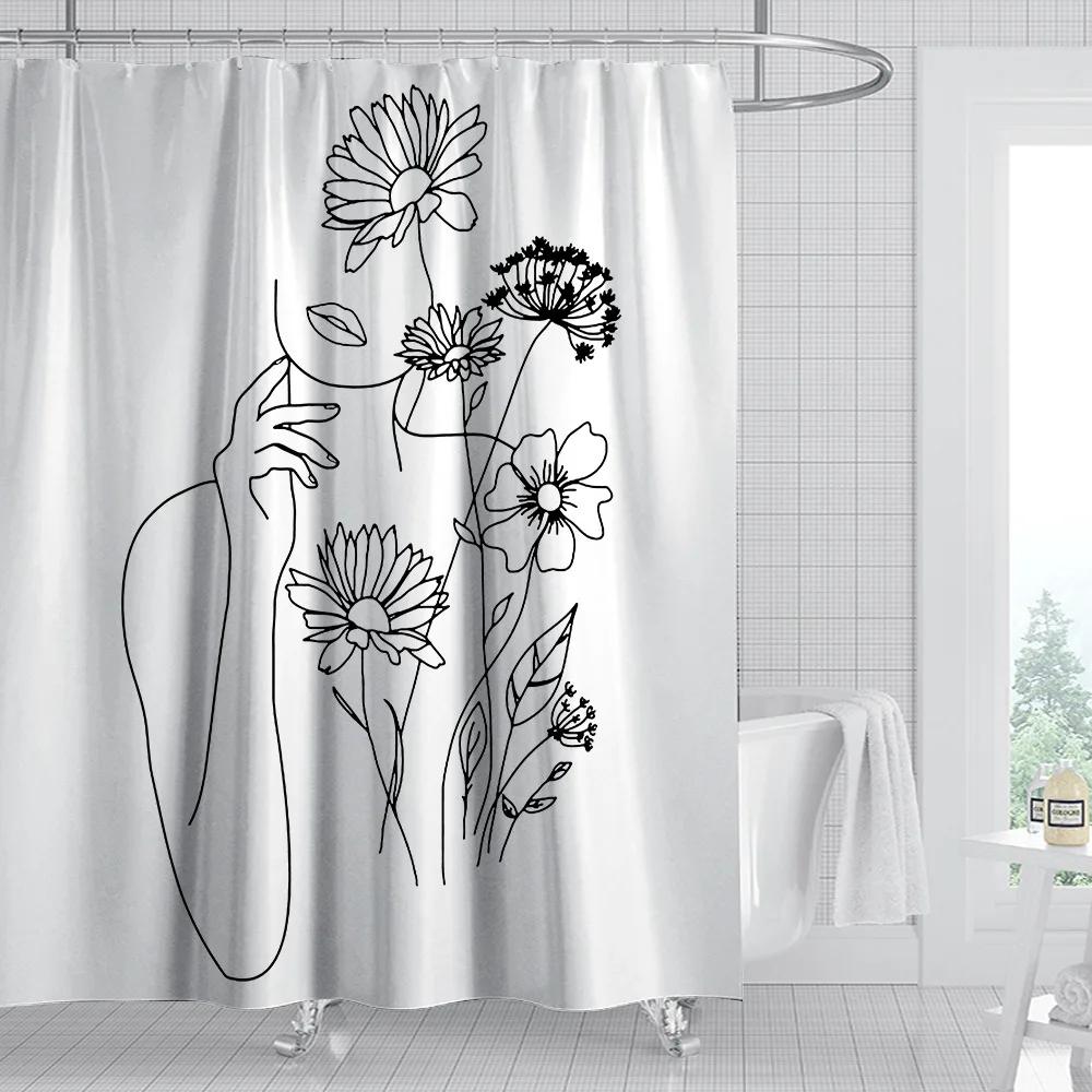 

New Simple Line Shower Curtain Waterproof Abstract Polyester 3D Printed Bathroom Curtains Hooks Included Bathtub Screen Decor W60H190(CM)-1 Pcs