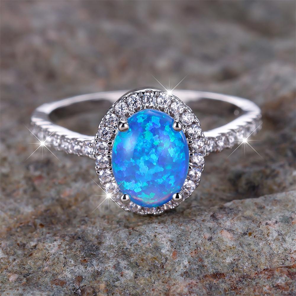 Classic Four Claw Oval Stone Ring Blue Fire Opal Engagement Band Trendy  Color Wedding Rings For Women Bridal Jewelry Gift