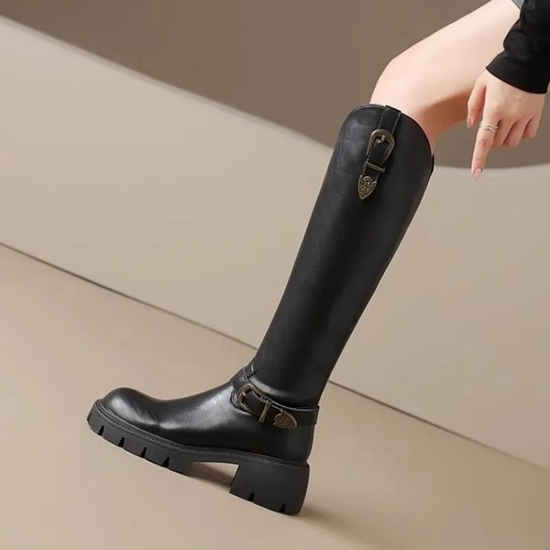 Fashion Brown Western Cowboy Boots for Women Knee High Boots Metal Belt Buckle Thick Heel Thick Sole High Top Knight Boots