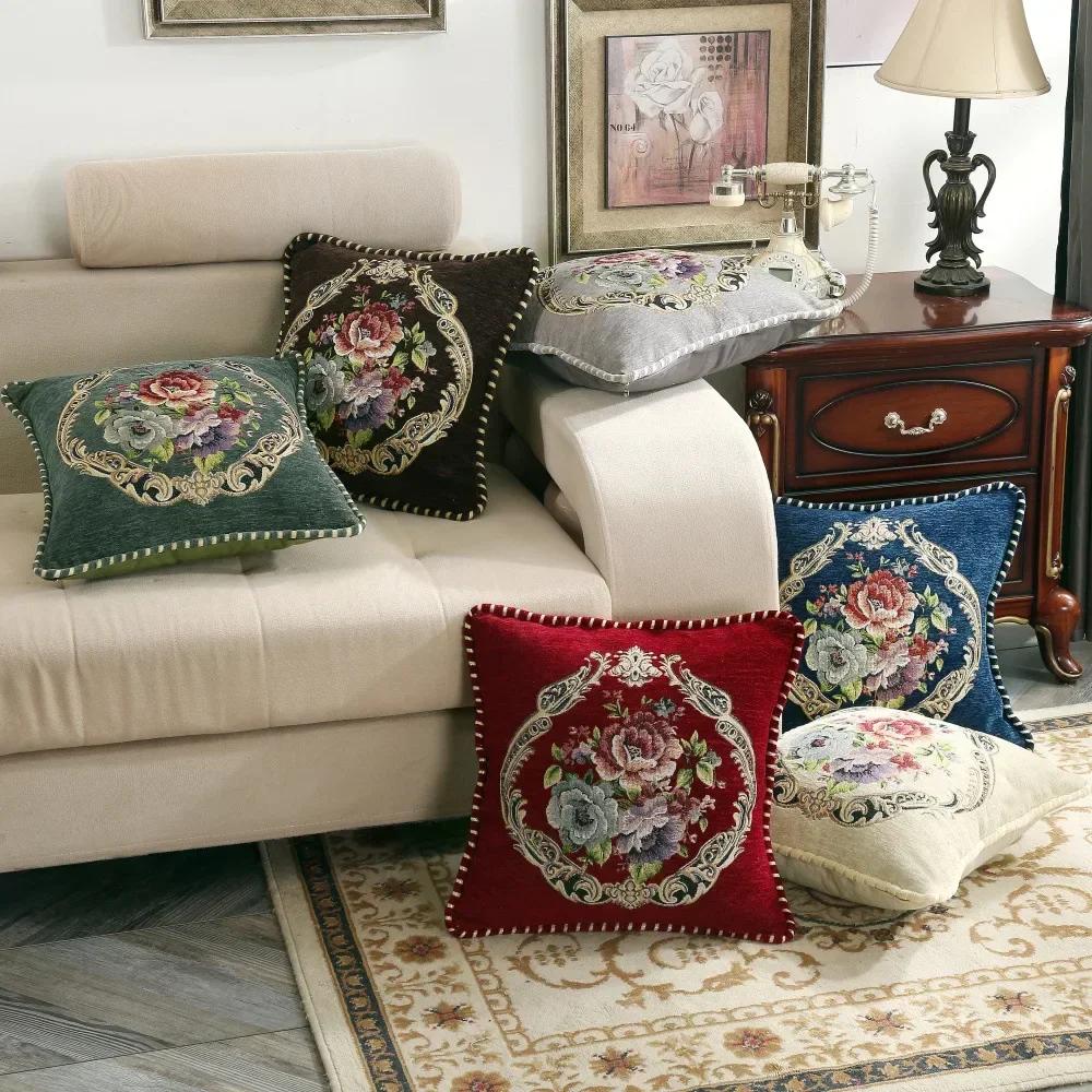 Embroidered Flowers Jacquard Cushion Cover 48x48CM Light Luxury Home Bed Headrest Pillowcase Car Office Sofa Seat Decor