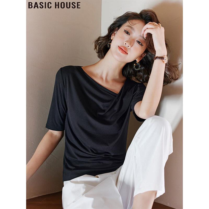 Basic House Women s Silk Blend Slanted Collar T-Shirt L