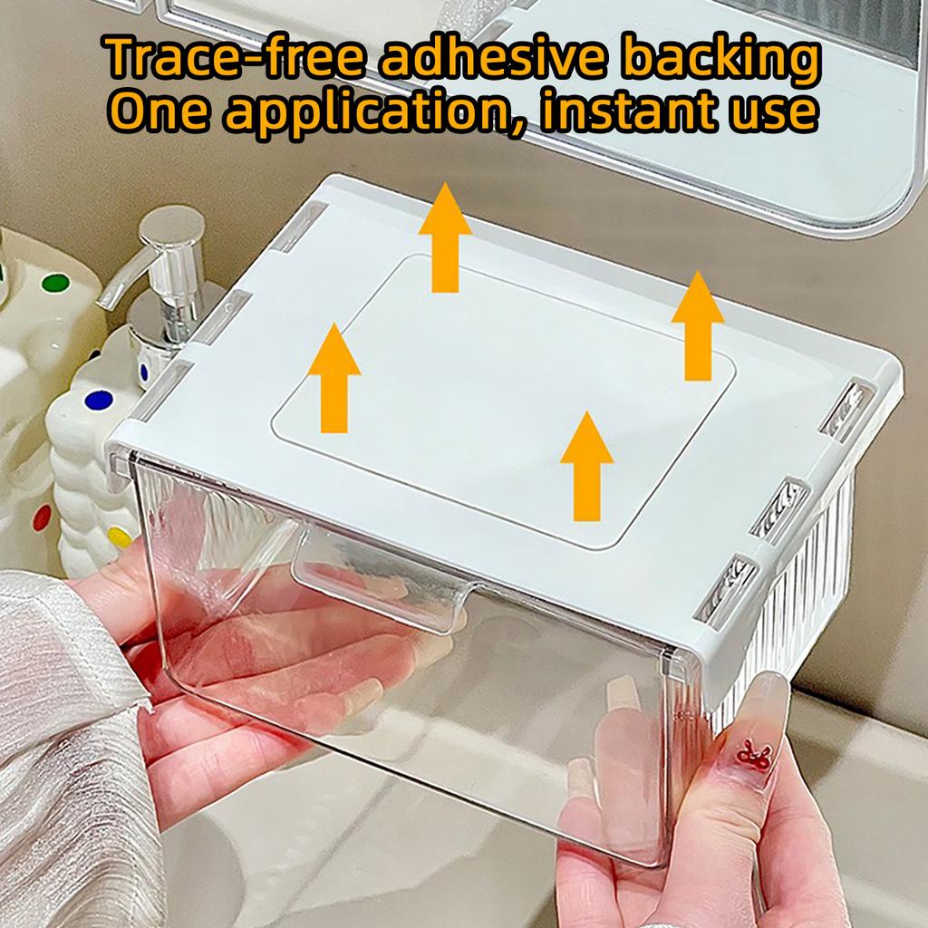 Under Desk Drawer Storage Box Transparent Pull-Out Under Mirror Cabinet Organizer Case Bathroom Cotton Stick Makeup Holder