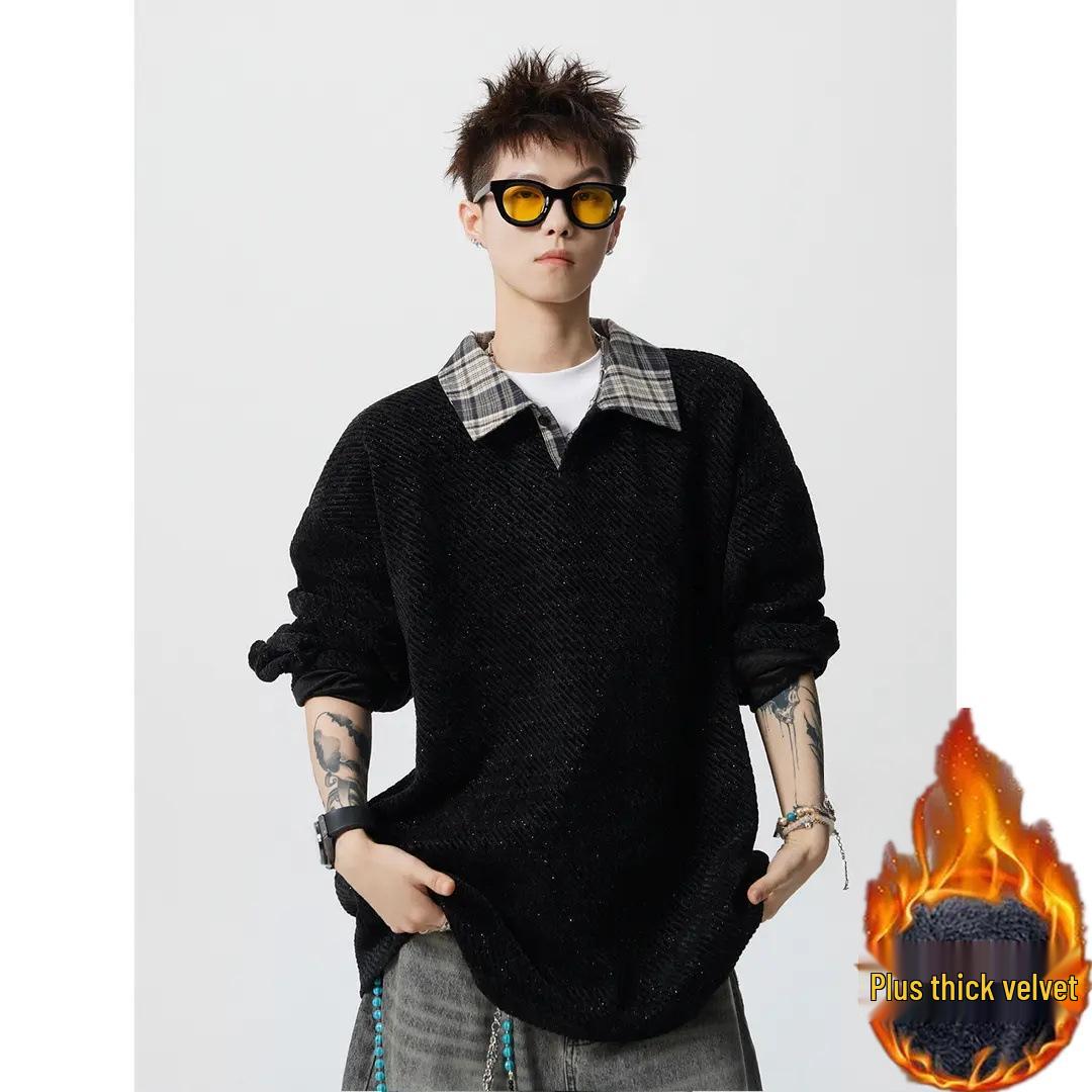 Men s Autumn Winter Geometric Stripe Knit Hoodie - Old Money Style T-Shirt with Shirt Collar, Long Sleeve, and Fake Two-Piece Design. 3XL
