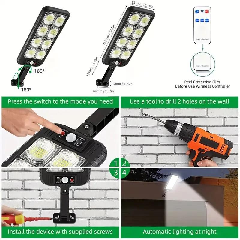 Solar street outdoor light with 200-300 LED floodlight Garden wall lamp has 3 modes Suitable for garden/commercial lighting/Path