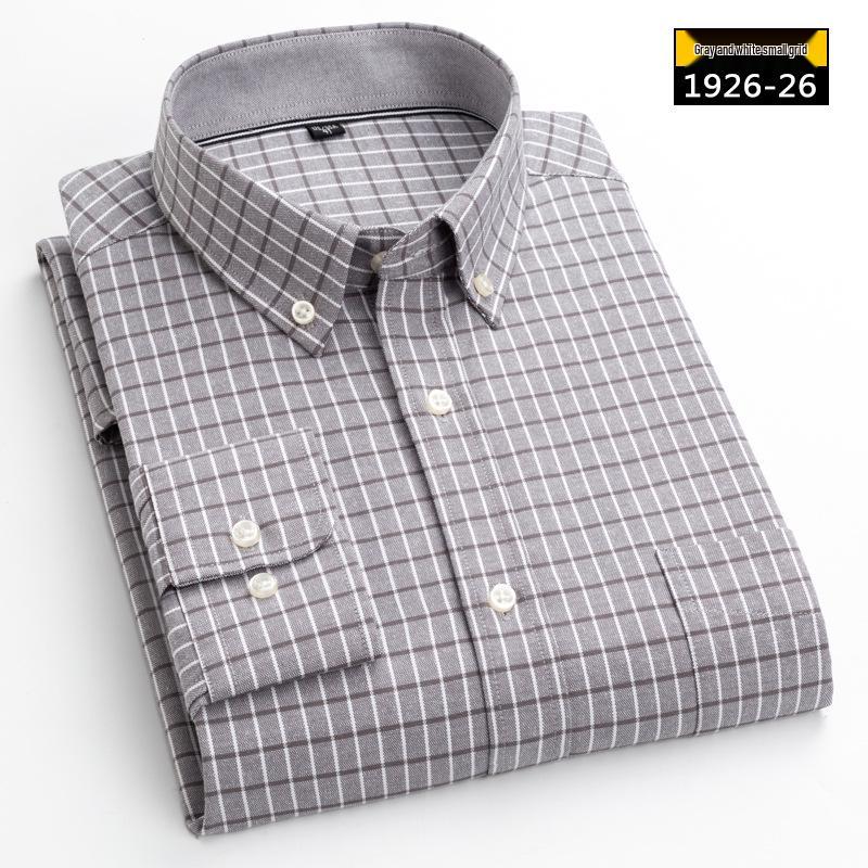 Men's Long Sleeve Washed Cotton Oxford Shirt - Slim Fit, Plaid, Iron-Free Stripes, Casual Style