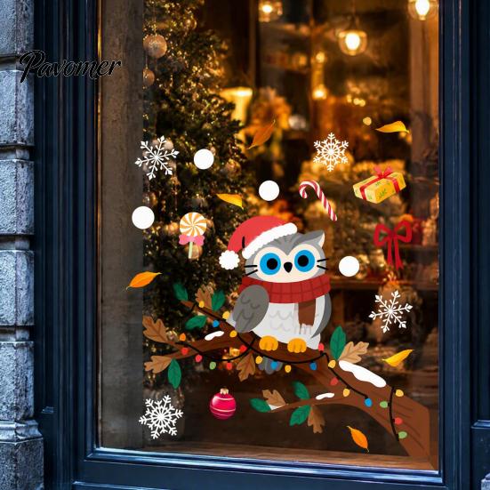 Winter Snowflakes Candy Decor Cute Christmas Owl Window Sticker, Snowy Branch Glass Decal, Waterproof Self Adhesive Seasonal Wall Art Xmas for Holiday