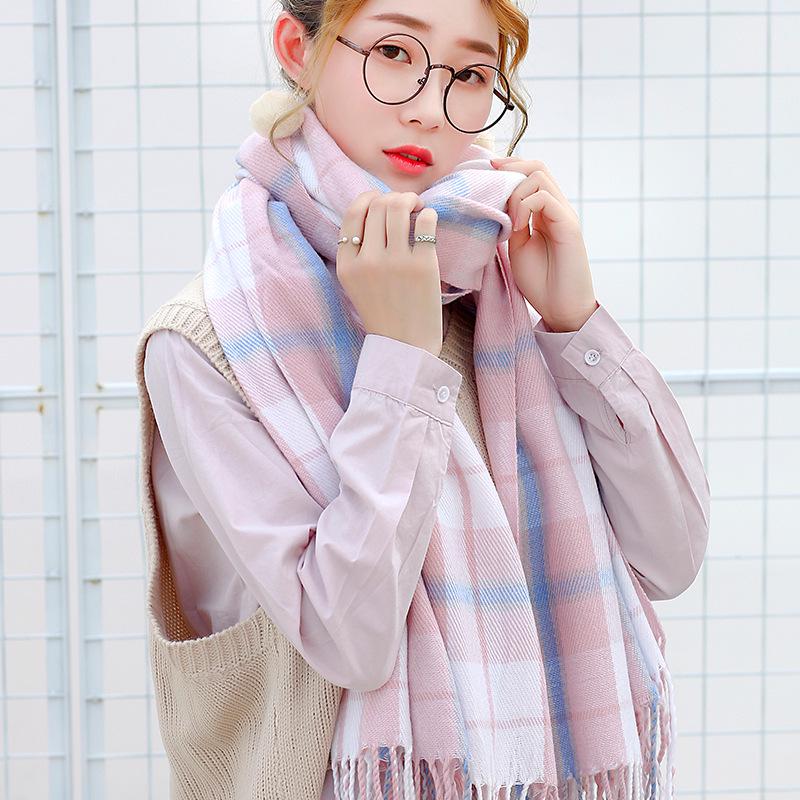 

Розовый клетчатый шарф в японском стиле, имитация кашемира с кисточками - Женская элегантная зимняя шаль 200cm x 65cm