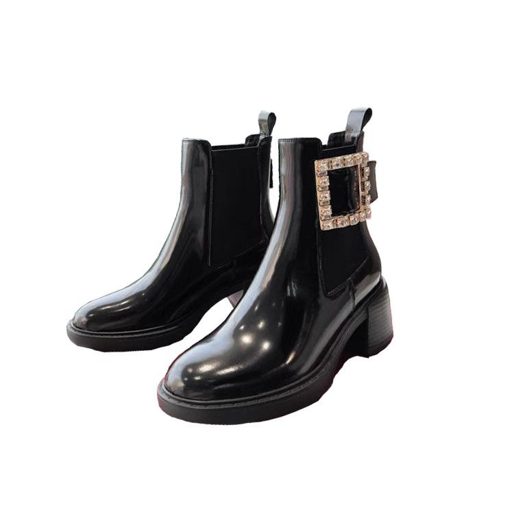 

2025 осень и зима новые стразы квадратная пряжка эластичная лента толстый высокий каблук короткие сапоги челси женские сапоги с эластичными рукавами 35 чёрный